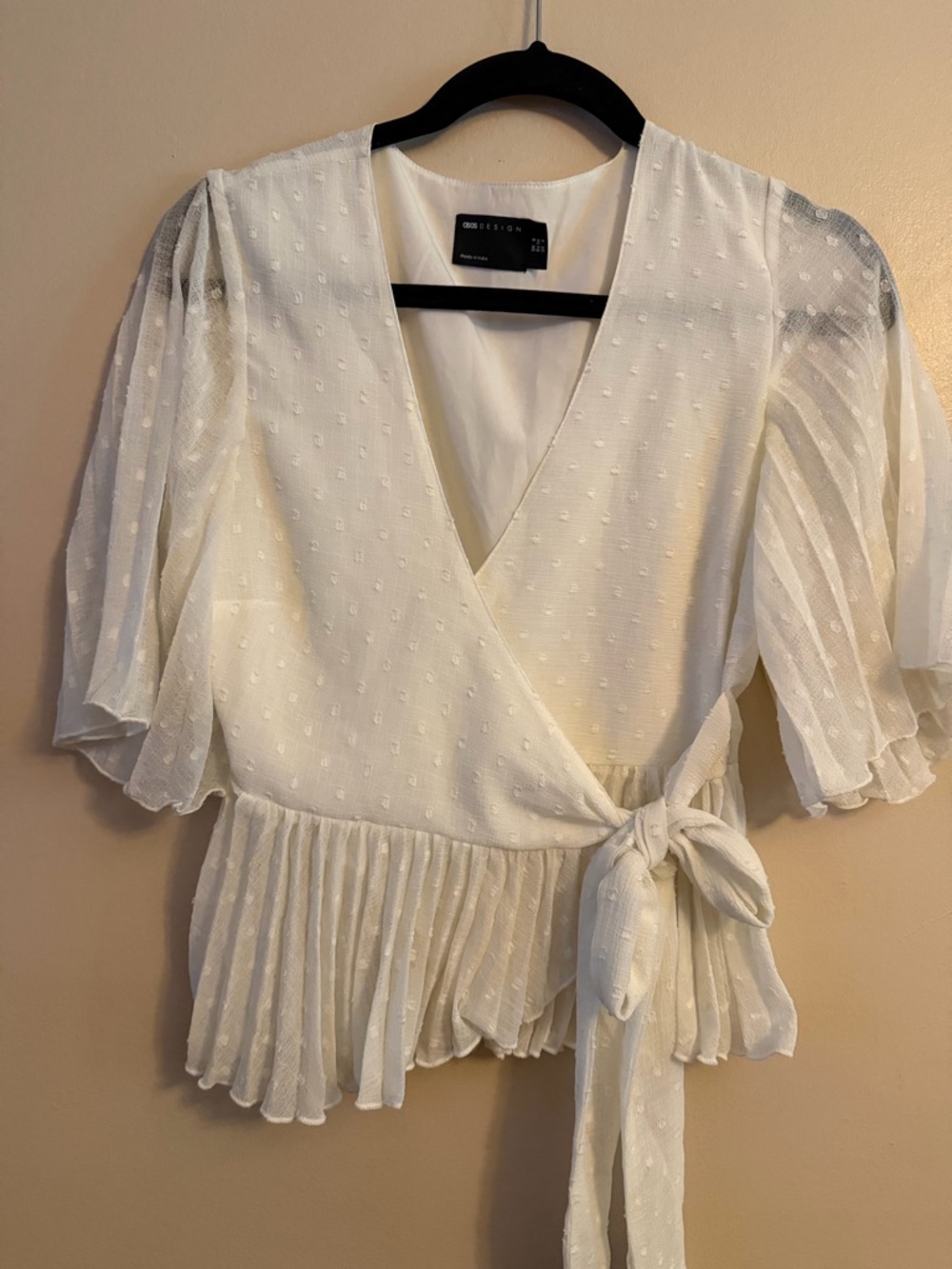ASOS Cream Wrap Blouse with Pleated Hem and Tie